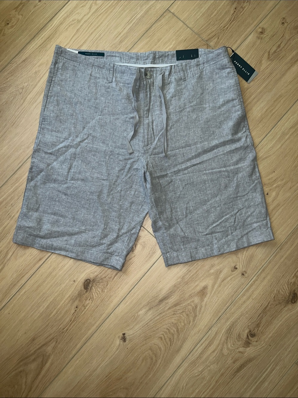 Perry Ellis Light Gray Linen-Blend Flat Front Drawstring Shorts